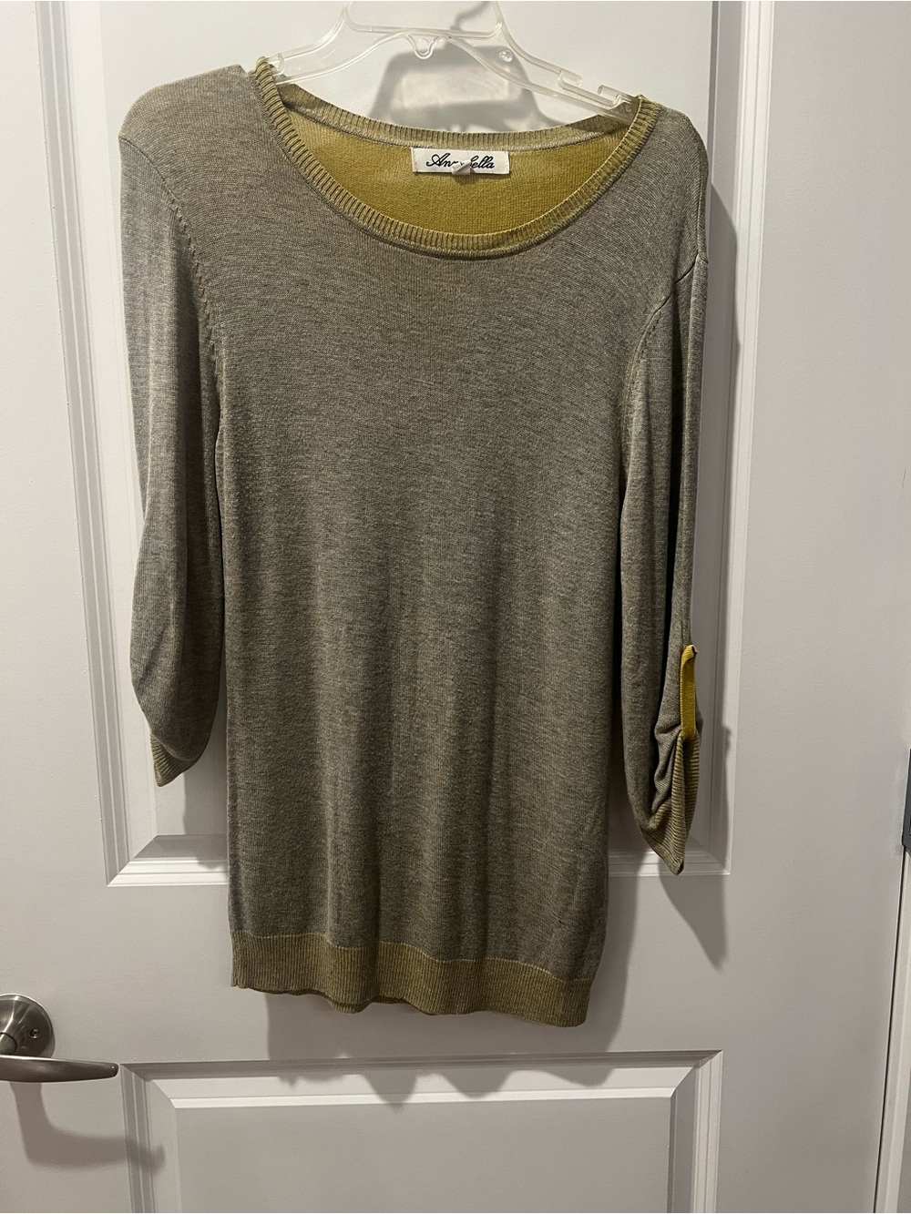 Annabella Olive Crewneck Sweater with Mustard Trim